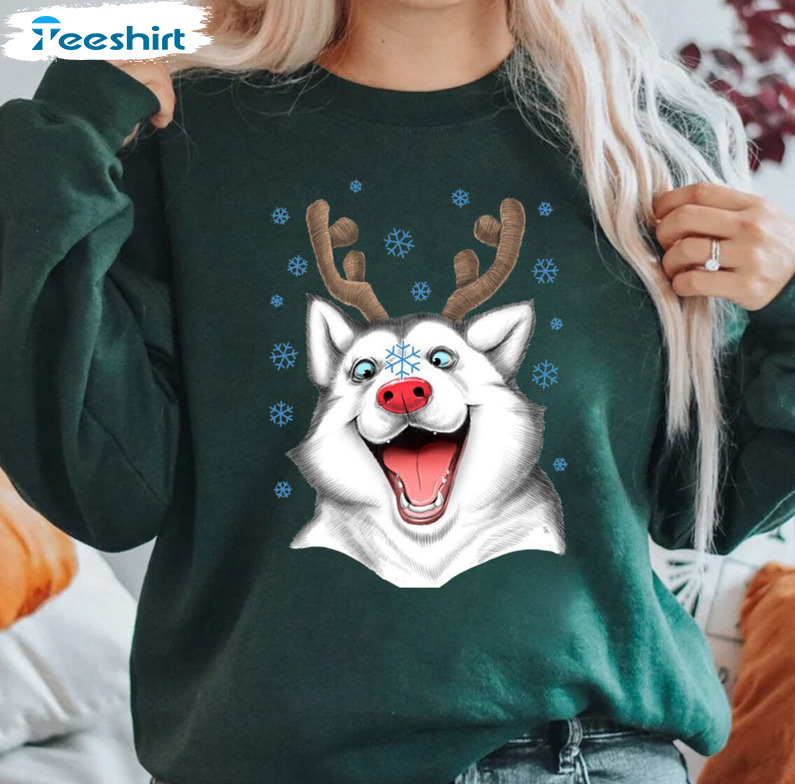 Husky Rudolph Sweatshirt, Reindeer Husky Christmas Short Sleeve Crewneck