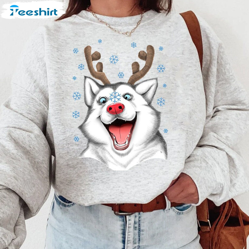 Husky Rudolph Sweatshirt, Reindeer Husky Christmas Short Sleeve Crewneck