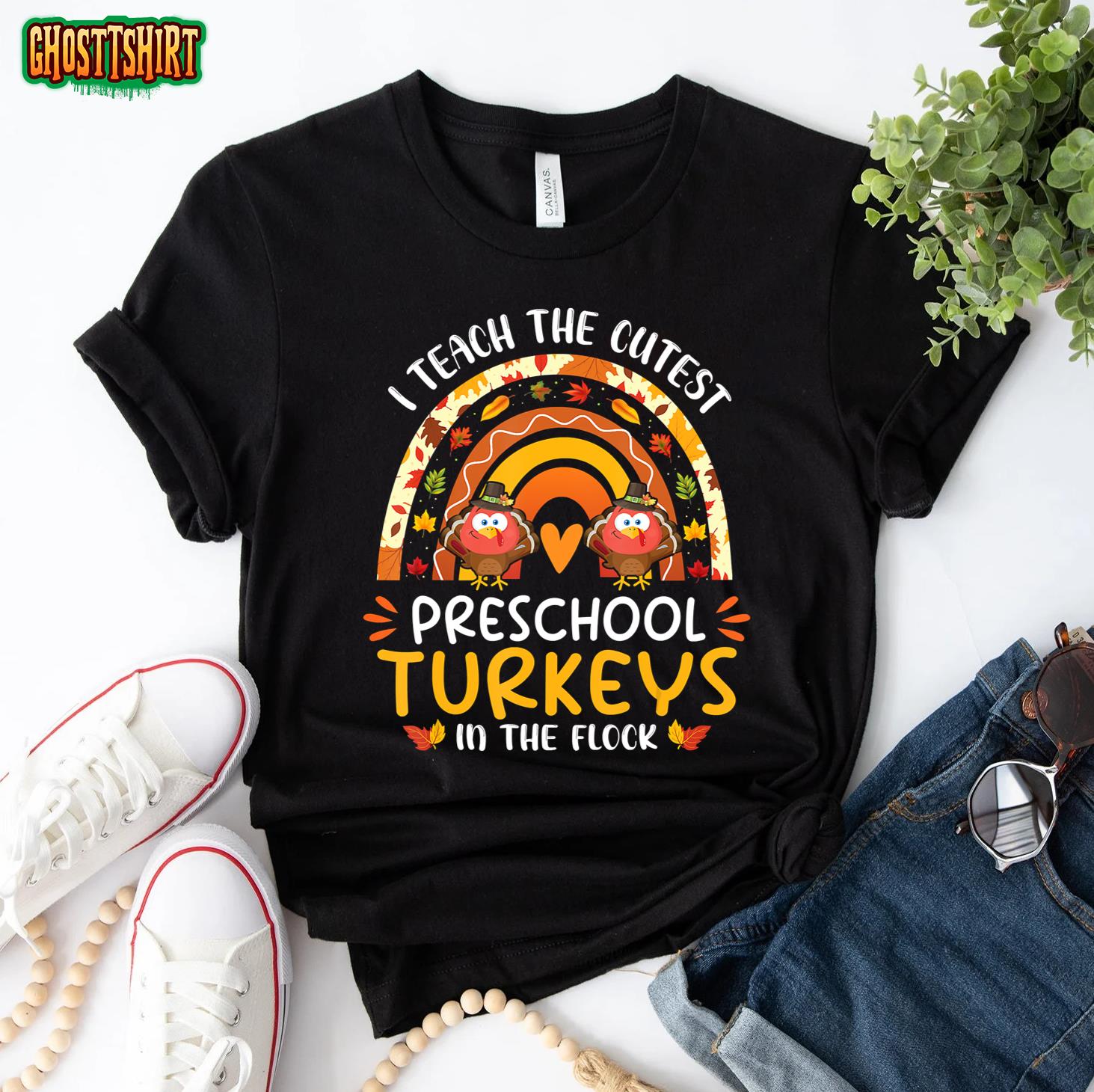 I Teach The Cutest Turkeys Preschool Thanksgiving Rainbow T-Shirt