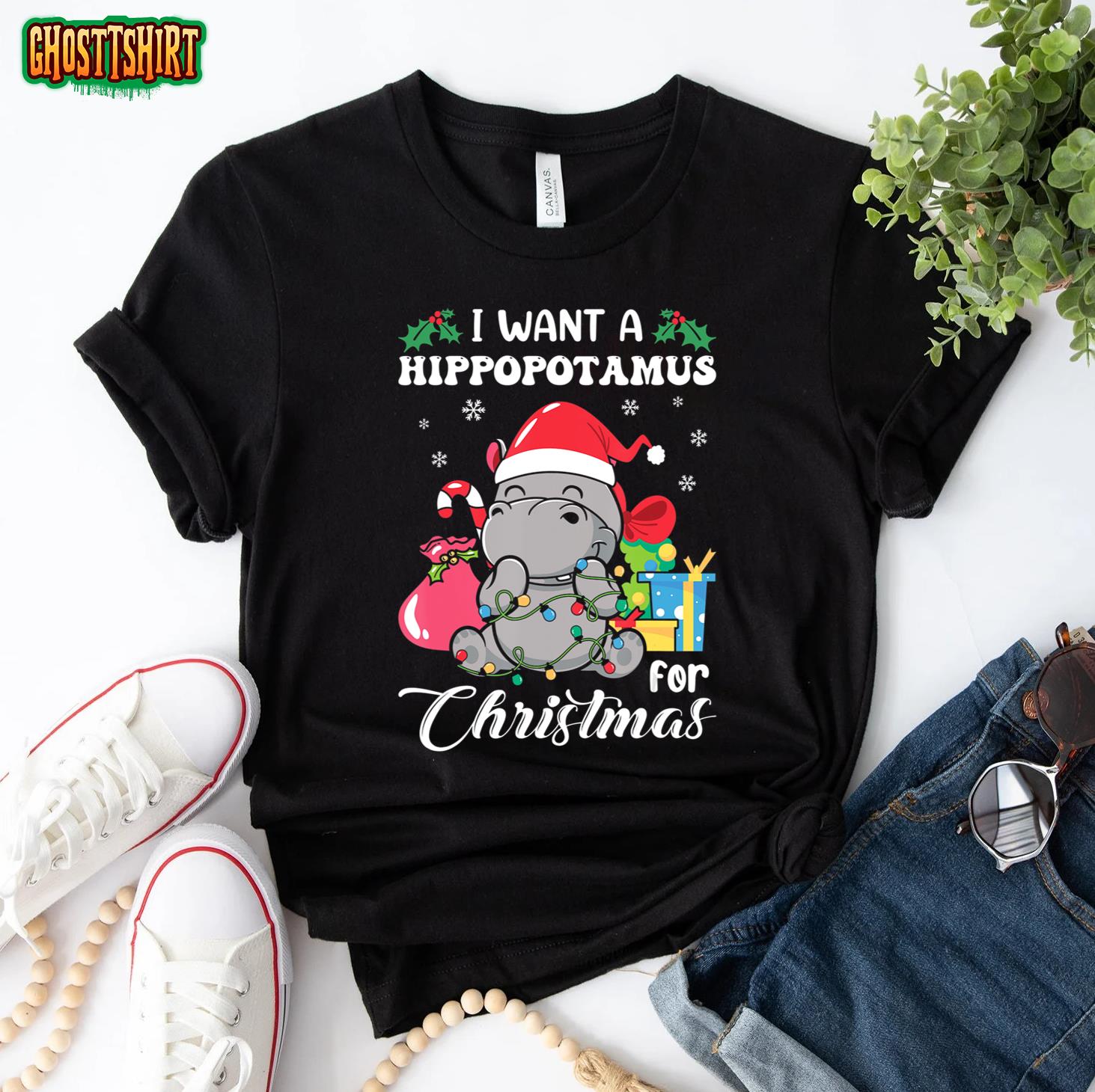 I Want A Hippopotamus For Christmas Hippo Christmas Pajamas T-Shirt