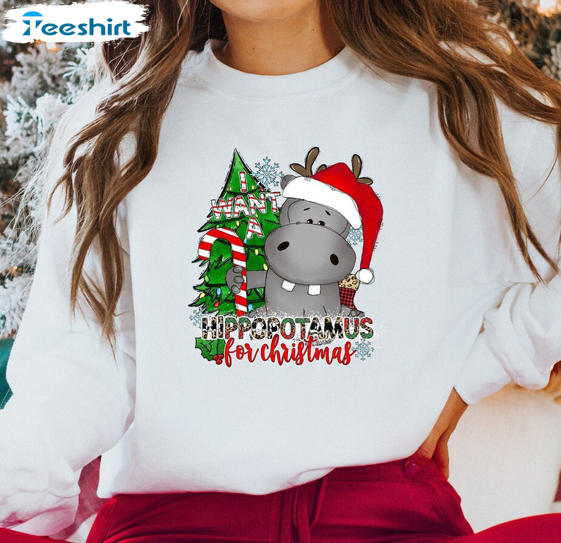 I Want A Hippopotamus For Christmas Shirt – Christmas Tree Crewneck Short Sleeve