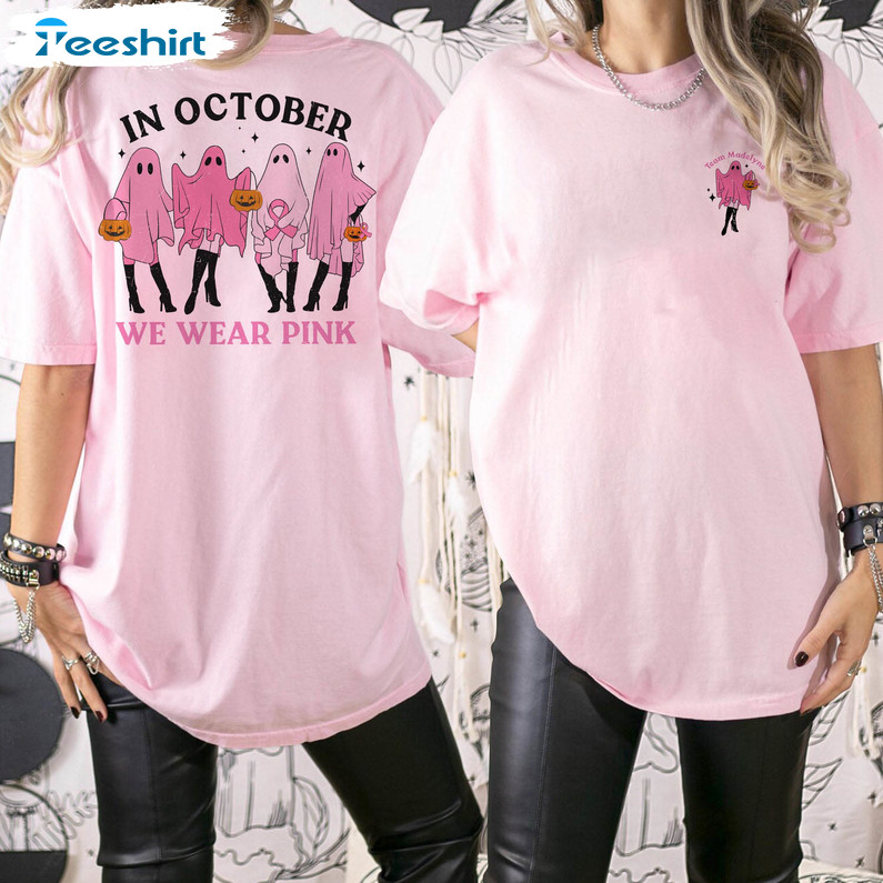 In October We Wear Pink Ghost Funny Shirt, Cancer Halloween Crewneck Sweatshirt