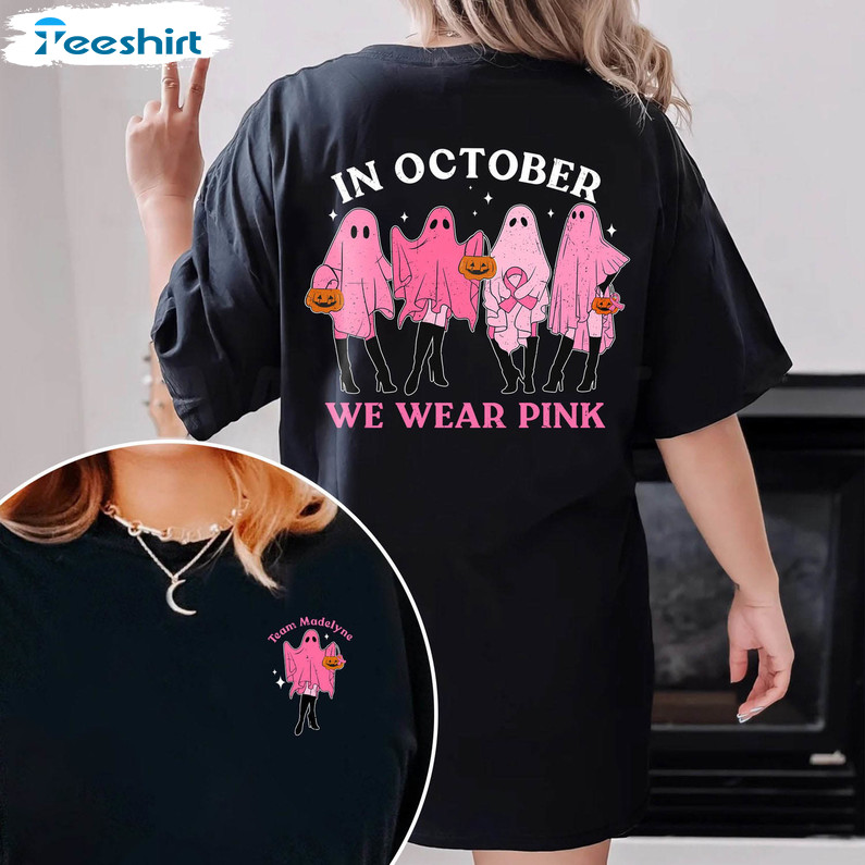 In October We Wear Pink Ghost Funny Shirt, Cancer Halloween Crewneck Sweatshirt