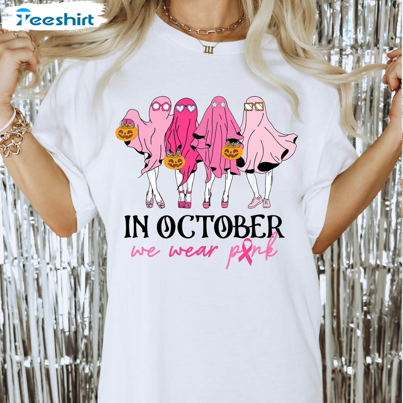 In October We Wear Pink Ghost Matching Shirt, Halloween Sweatshirt Crewneck