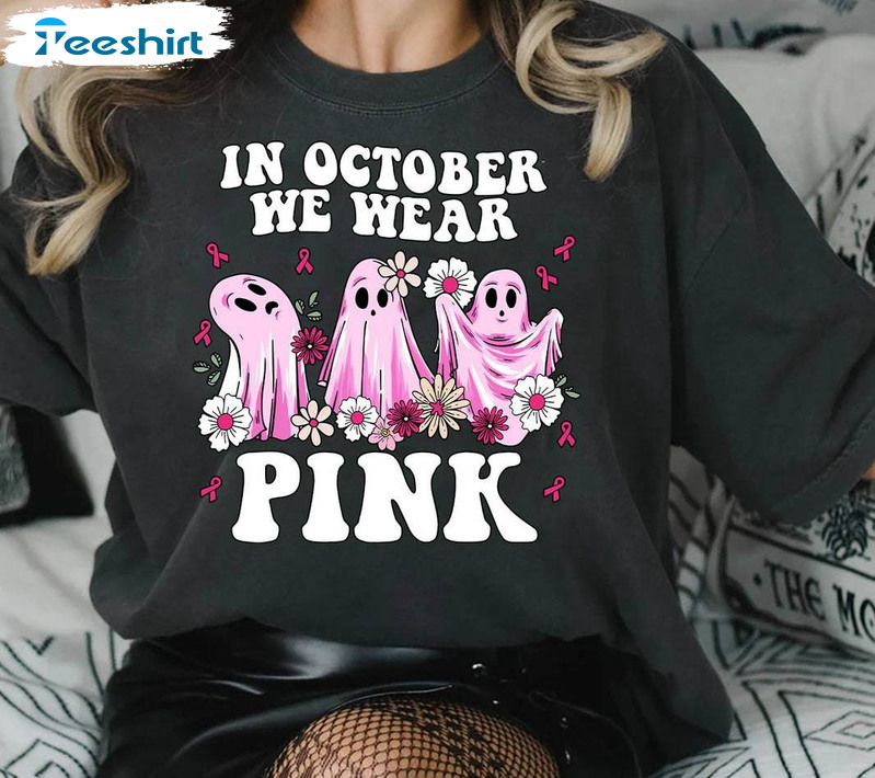 In October We Wear Pink Halloween Shirt, Breast Cancer Tee Tops Unisex Hoodie