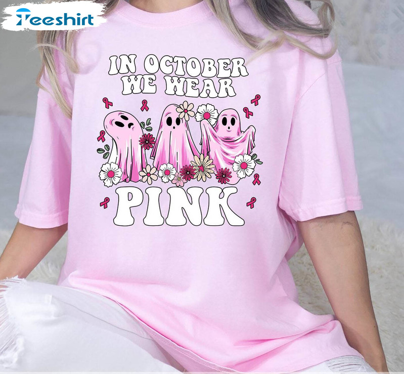 In October We Wear Pink Halloween Shirt, Breast Cancer Tee Tops Unisex Hoodie