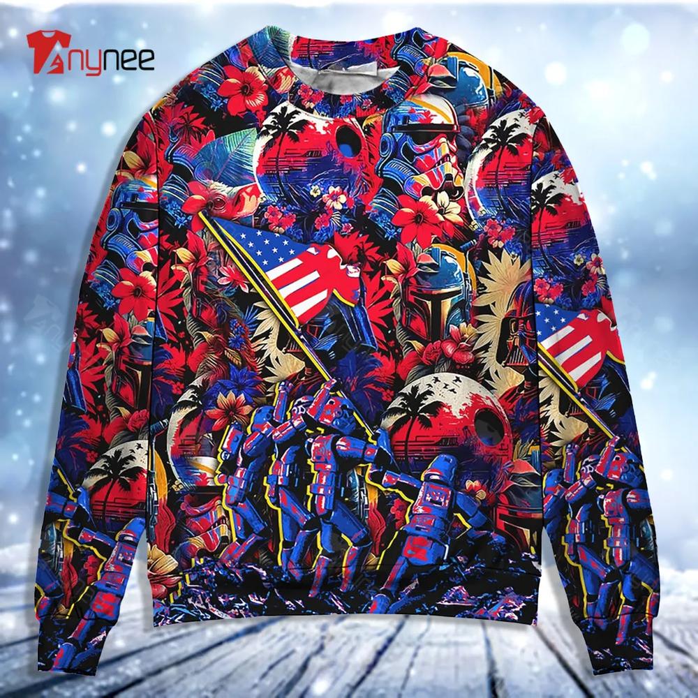 Independence Day Special Star Wars Synthwave Tropical Style Ugly Christmas Sweater- Best Christmas Gifts 2023