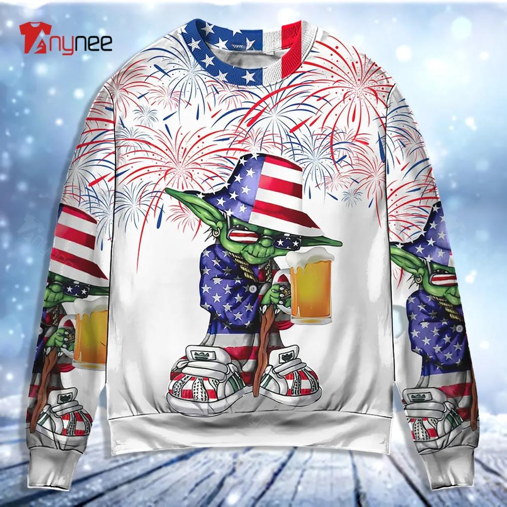 Independence Day Sw Yoda With Beer Ugly Christmas Sweater- Best Christmas Gifts 2023