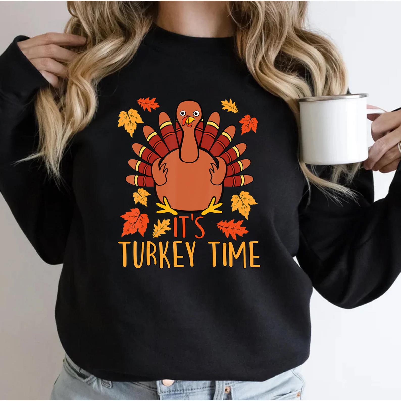 It’s Turkey Time Thanksgiving Shirt for Women Falling Leaf Sweatshirt