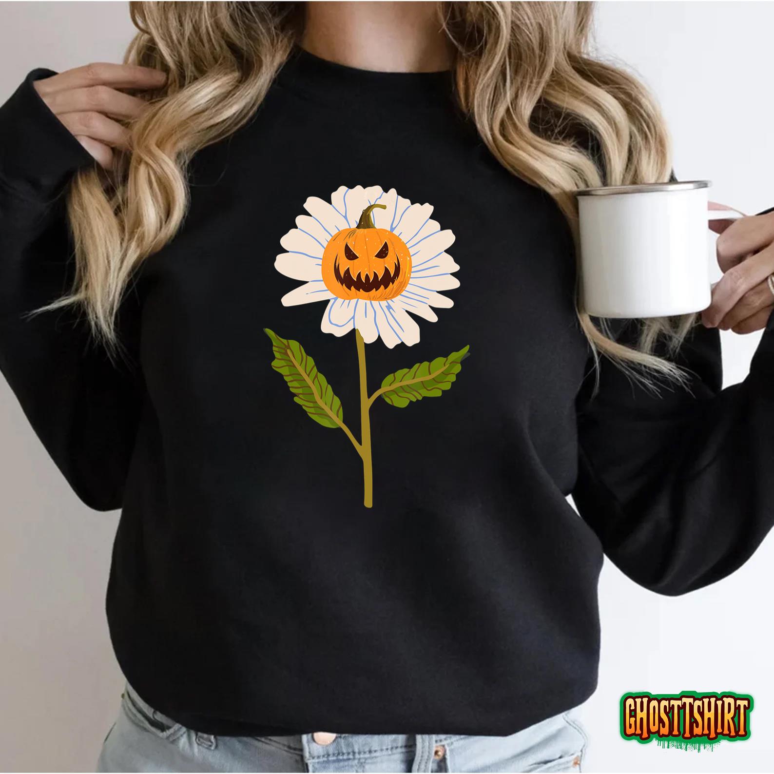 Jack O lantern Halloween Pumpkin Daisy Flower T-Shirt