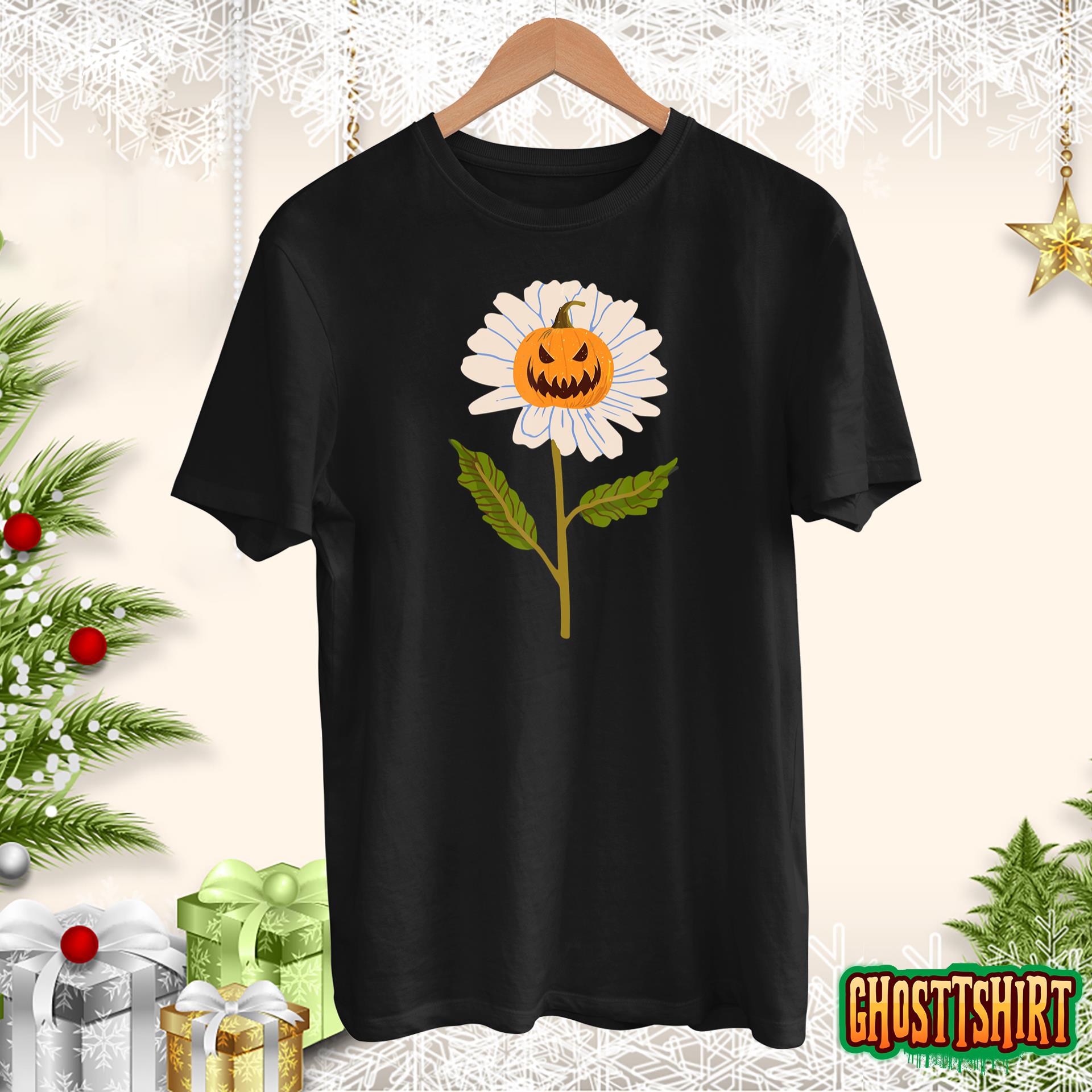 Jack O lantern Halloween Pumpkin Daisy Flower T-Shirt