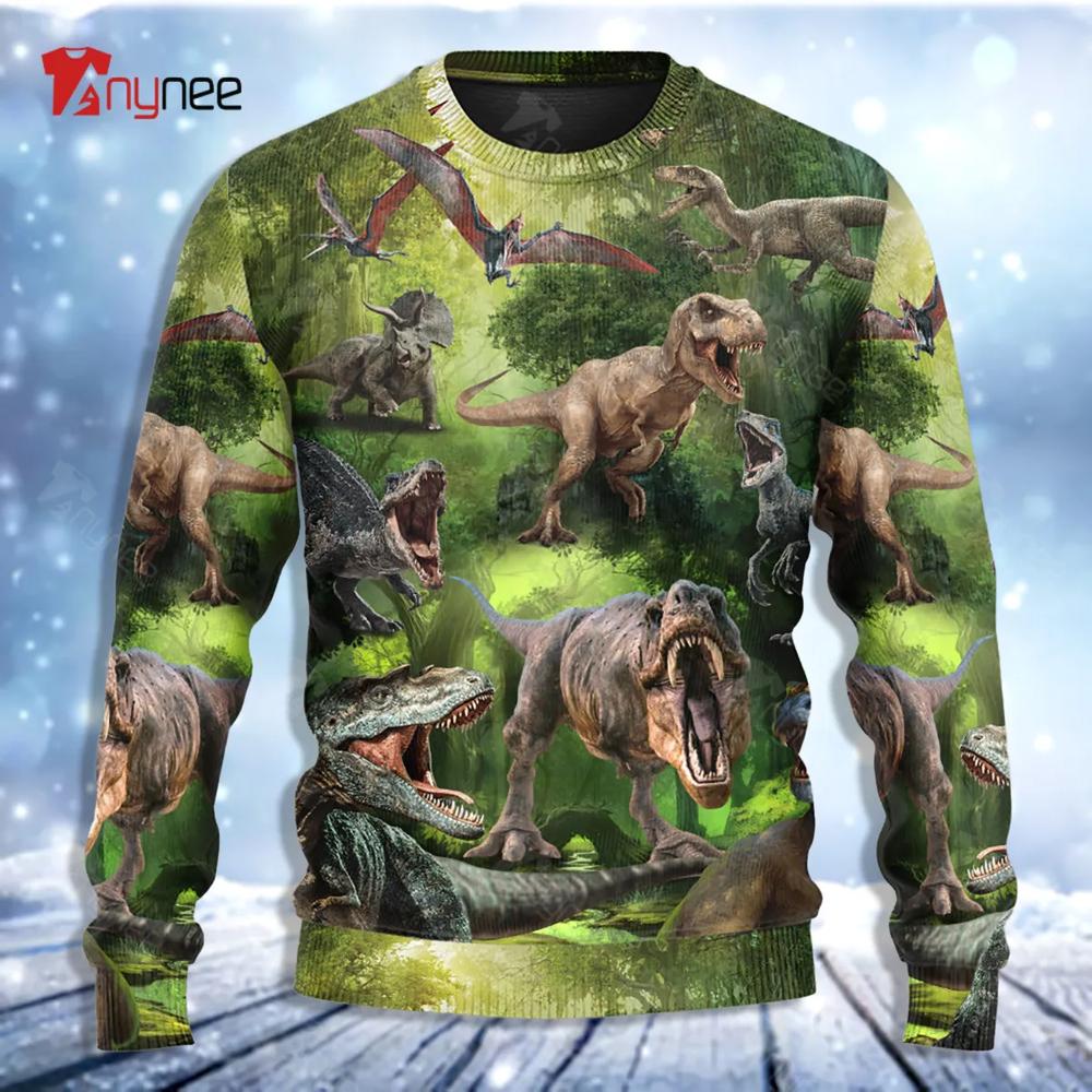 Jurassic Park Dinosaur Cool In The Forest Style Ugly Christmas Sweater- Best Christmas Gifts 2023