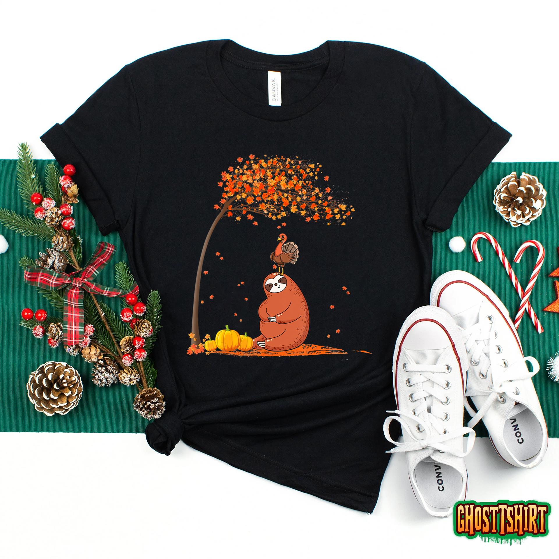 Ki Funny Thanksgiving Turkey Sloth Costume Fall Leaves T-Shirt