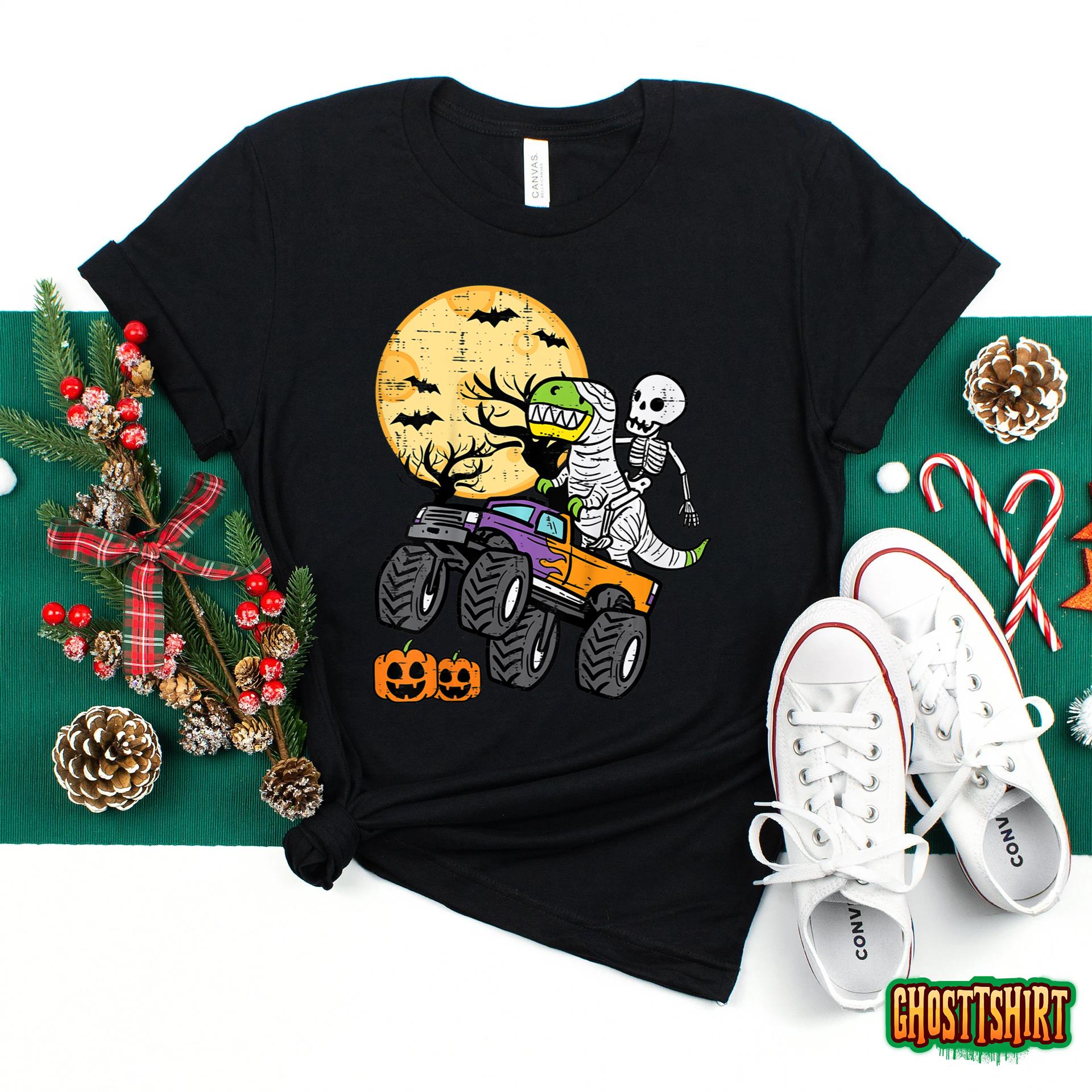 Kids Skeleton Dino Monster Truck Halloween Costume Toddler Boys T-Shirt