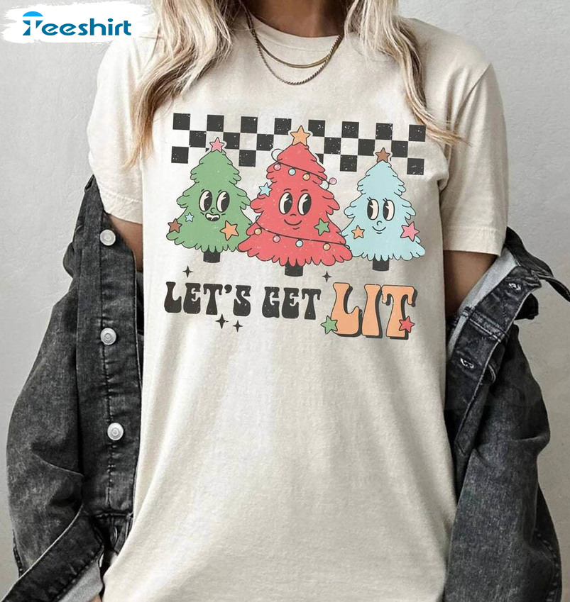 Lets Get Lit Christmas Shirt, Retro Christmas Holiday Long Sleeve Short Sleeve