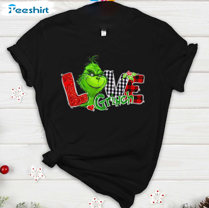 Love Grinch Funny Shirt, Christmas Buffalo Plaid Tee Tops Long Sleeve