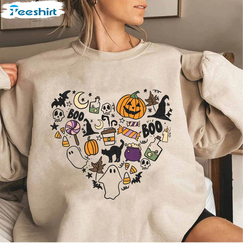 Love Halloween Doodles Shirt, Vintage Design Unisex T Shirt Crewneck