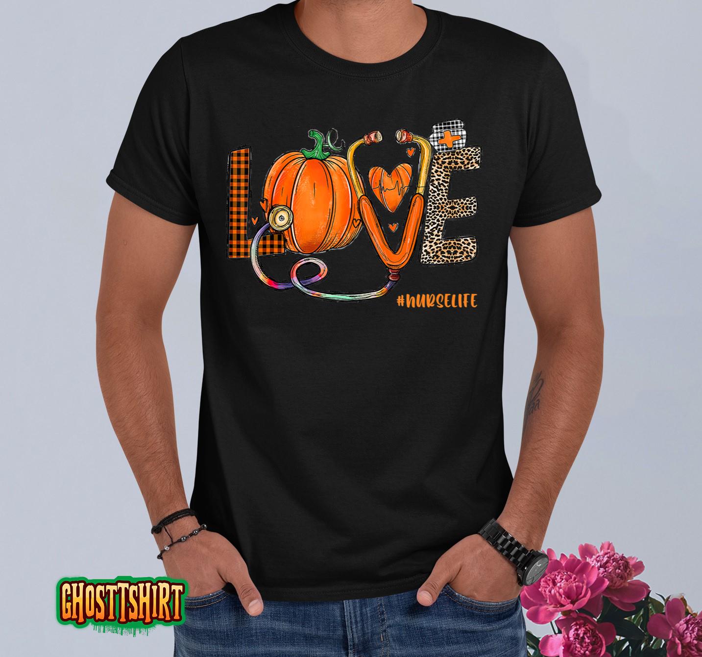 Love Nurse Pumpkin Leopard Fall Halloween Thanksgiving Women T-Shirt