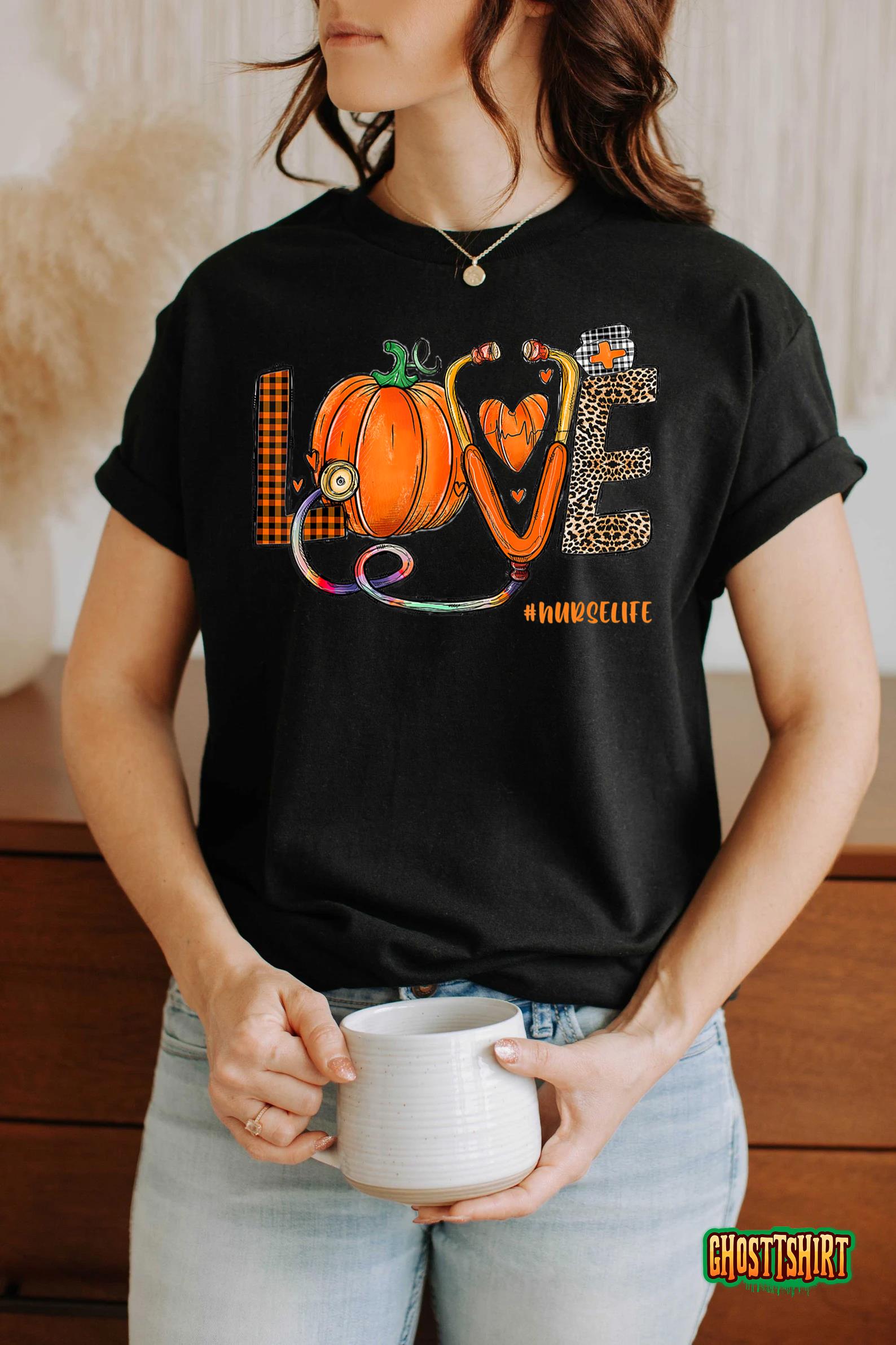 Love Nurse Pumpkin Leopard Fall Halloween Thanksgiving Women T-Shirt