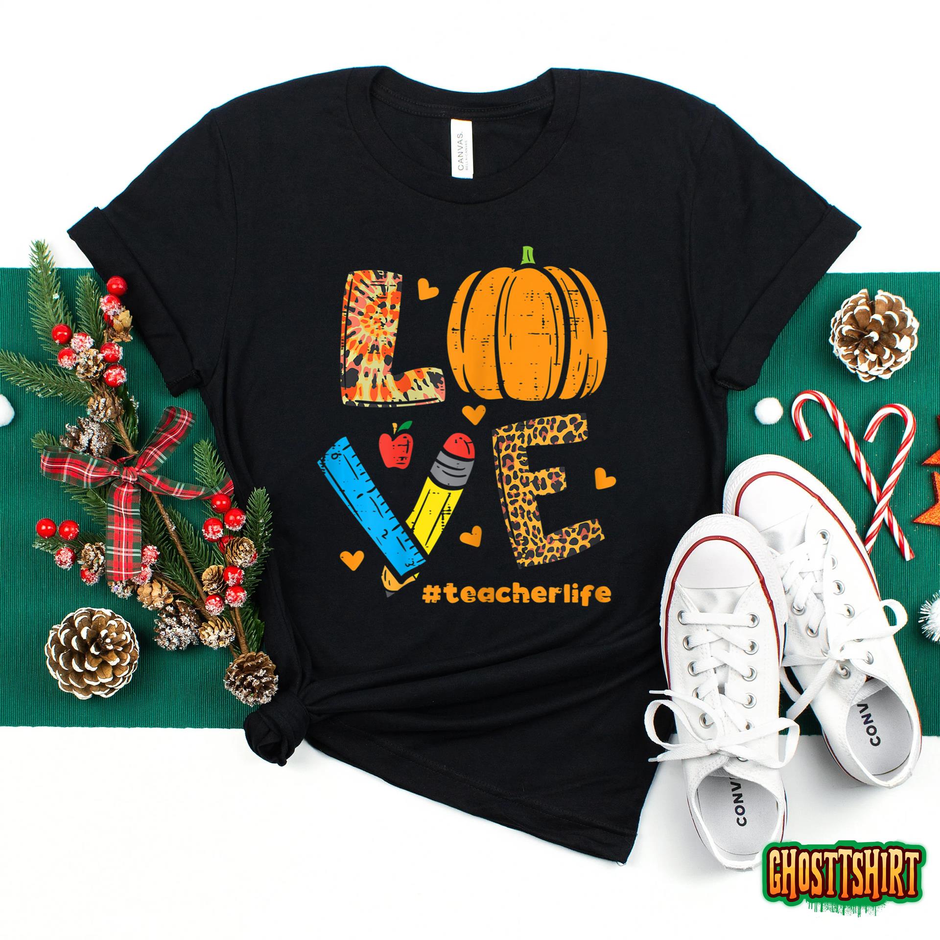 Love Teacher Pumpkin Leopard Fall Autumn Thanksgiving T-Shirt