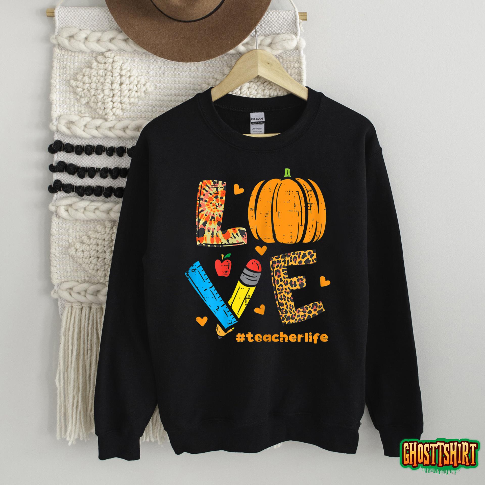 Love Teacher Pumpkin Leopard Fall Autumn Thanksgiving T-Shirt