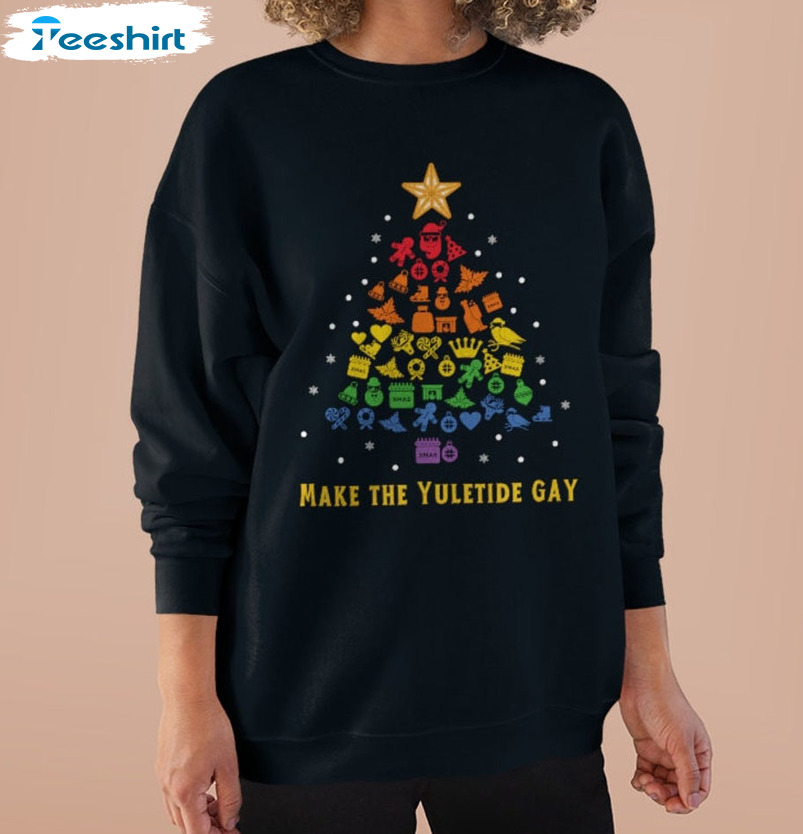 Make The Yuletide Gay Shirt, Lgbtq Christmas Tree Short Sleeve Hoodie