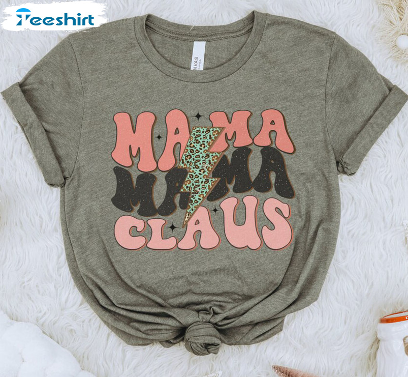 Mama Claus Christmas Shirt – Leopard Lightning Bolt Short Sleeve Crewneck