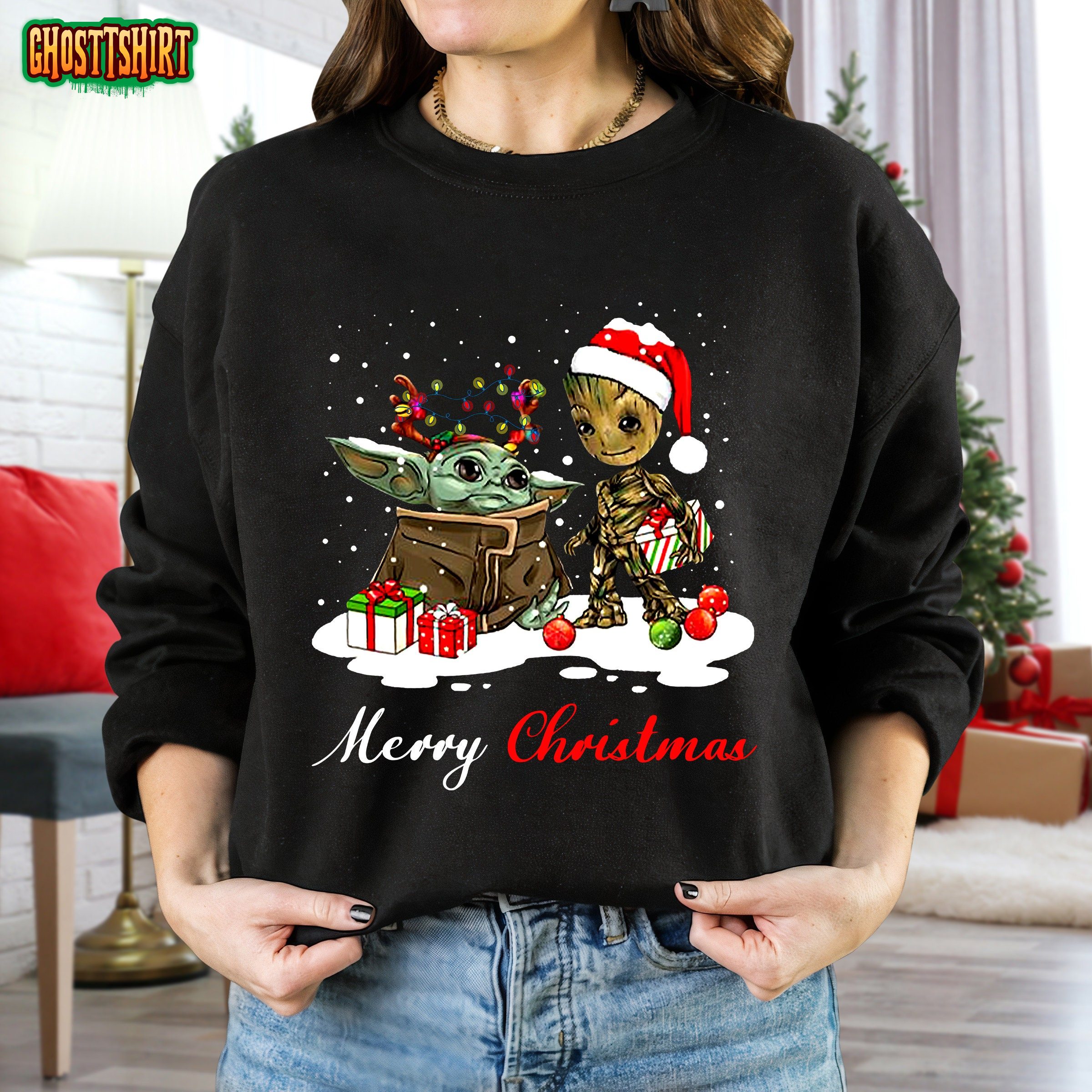 Marvel Guardians Merry Christmas Santa Groot and Baby Yoda Unisex T-Shirt