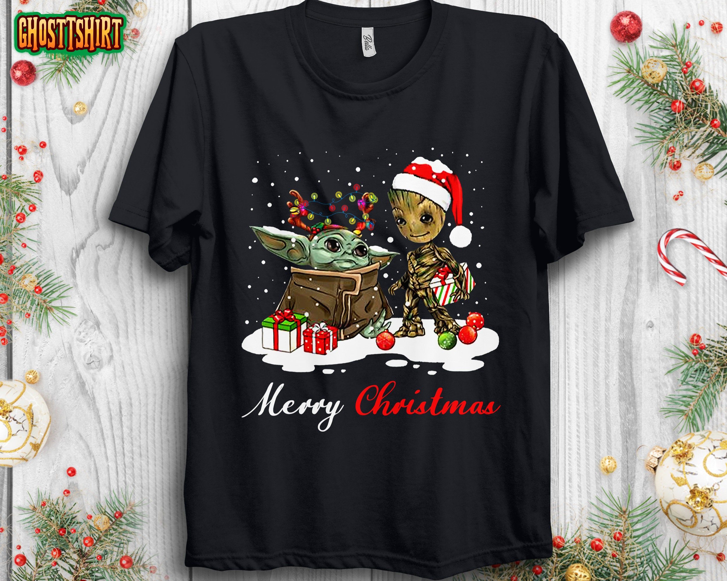 Marvel Guardians Merry Christmas Santa Groot and Baby Yoda Unisex T-Shirt