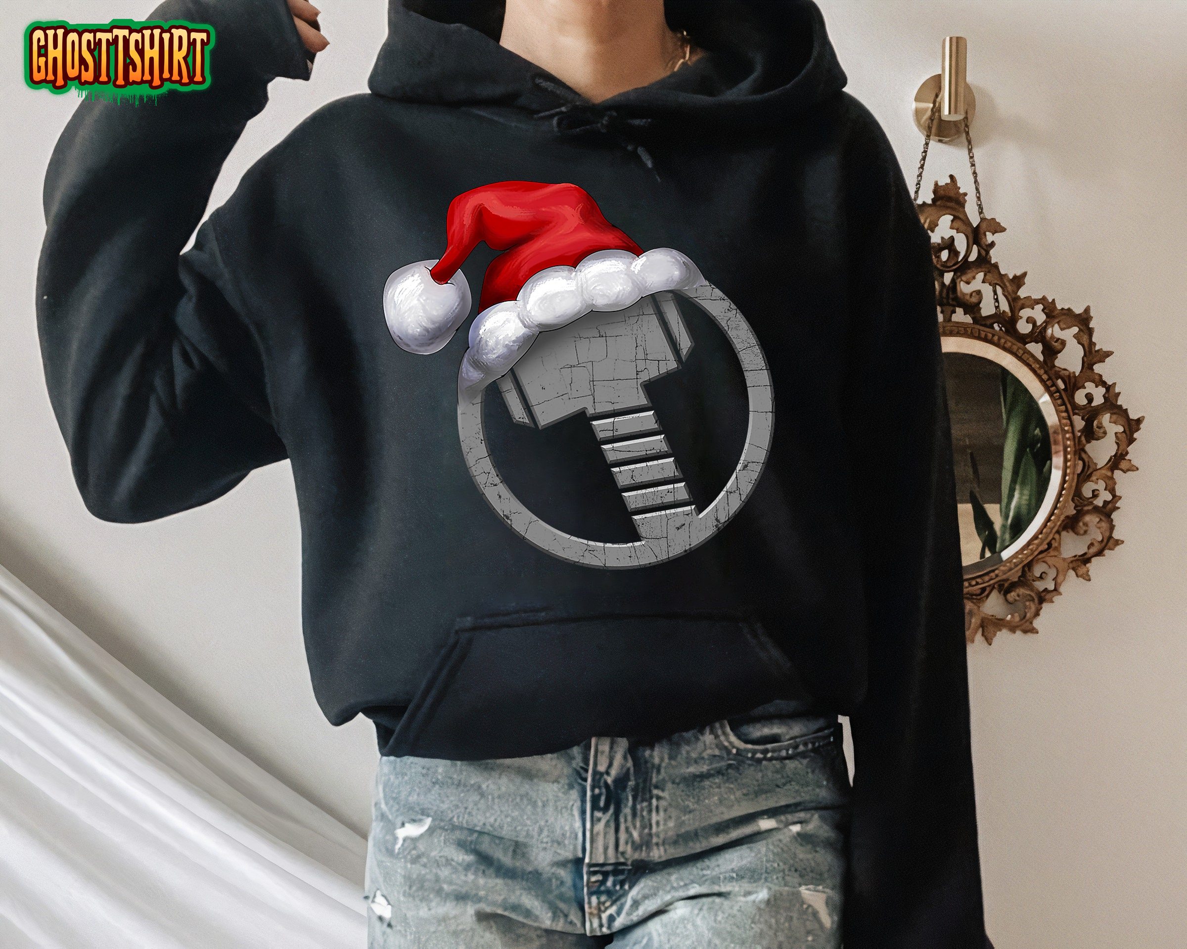 Marvel Thor Hammer Icon Santa Hat Christmas Sweatshirt