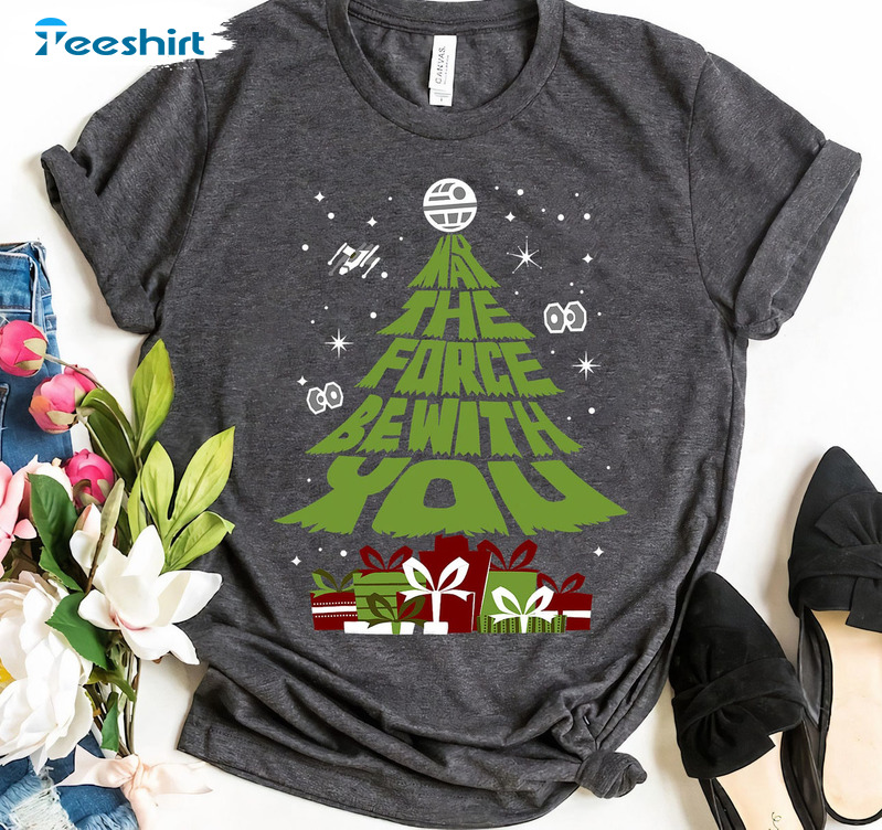 May The Force Be With You Christmas Shirt, Xmas Tree Tee Tops Short Sleeve