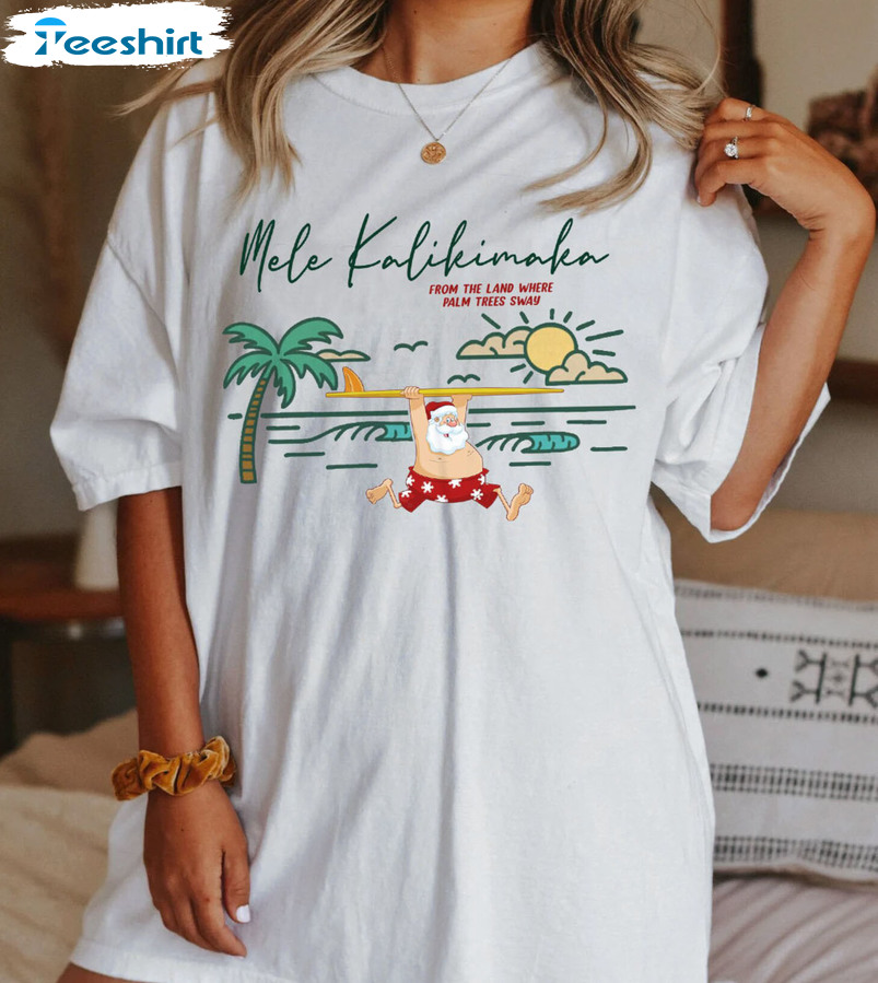 Mele Kalikimaka Hawaii Shirt, Surfing Santa Christmas Tee Tops Short Sleeve