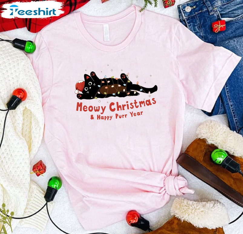 Meowy Catmas And Happy New Year Shirt, Black Cat Christmas Long Sleeve Sweatshirt