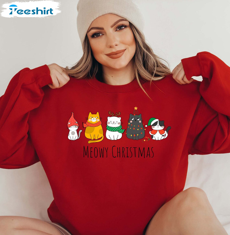 Meowy Catmas Shirt, Christmas Cat Lover Short Sleeve Sweatshirt