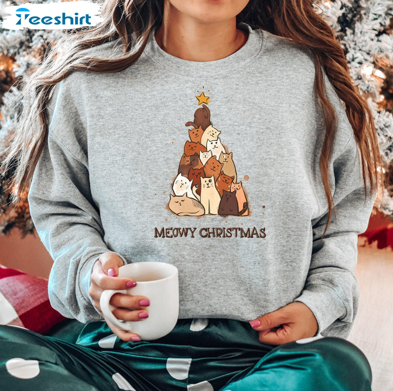 Meowy Catmas Shirt, Christmas Tree Cat Unisex Hoodie Long Sleeve