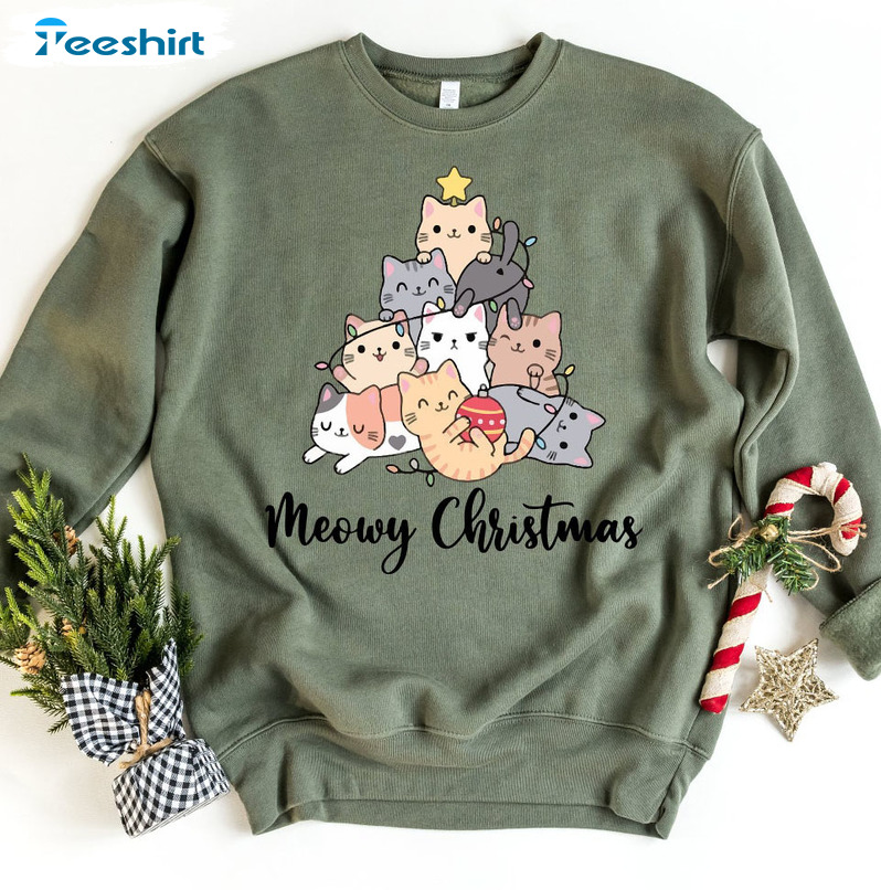 Meowy Catmas Shirt, Christmas Tree Cute Cat Short Sleeve Unisex T-shirt