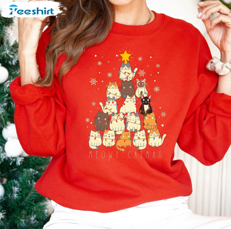 Meowy Catmas Shirt, Christmas Tree Sweatshirt Unisex Hoodie