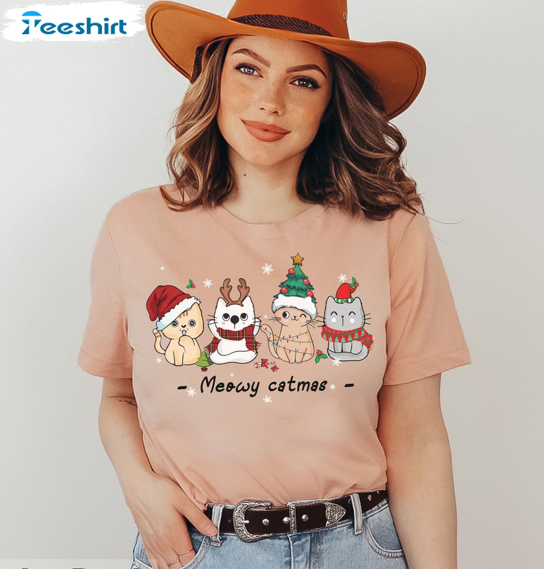 Meowy Catmas Shirt, Funny Christmas Cat Unisex T-shirt Short Sleeve