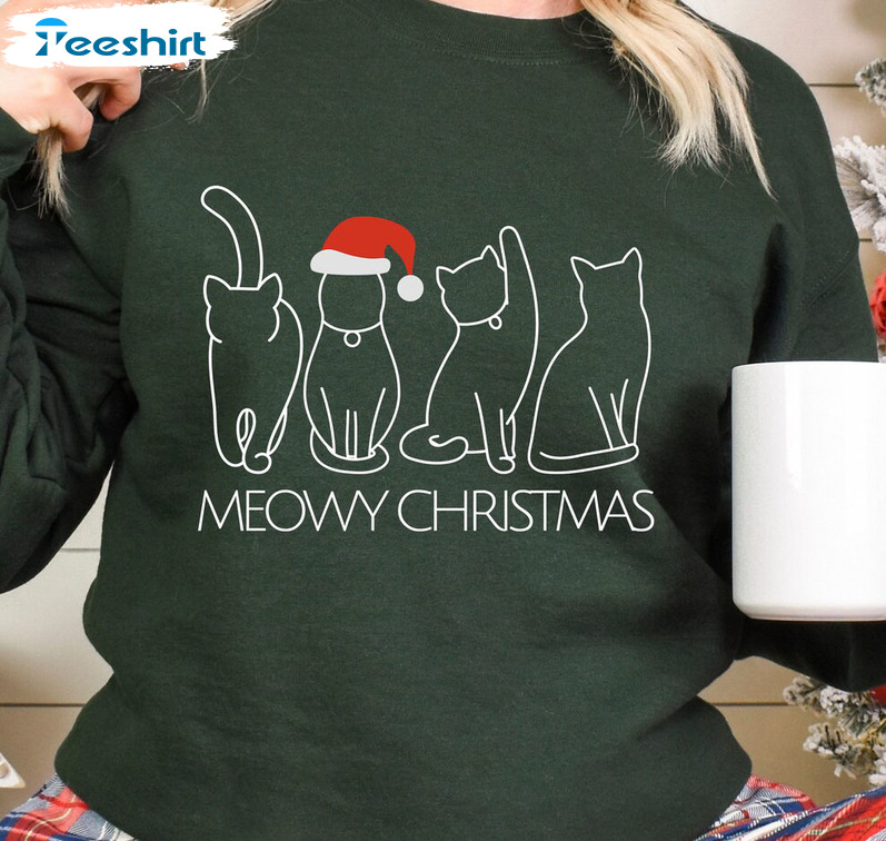 Meowy Christmas Shirt – Christmas Cat Funny Unisex Hoodie Short Sleeve