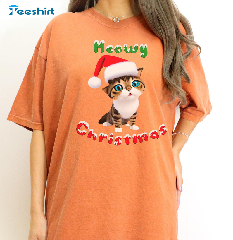 Meowy Christmas Shirt, Christmas Cute Cat Unisex Hoodie Short Sleeve