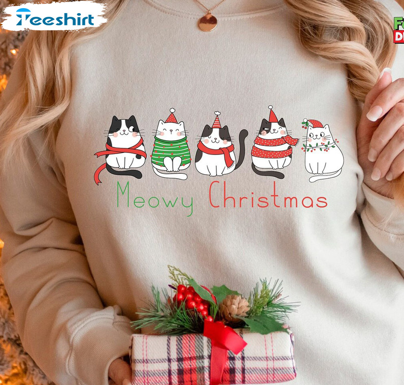 Meowy Christmas Shirt – Cute Xmas Cat Long Sleeve Tee Tops