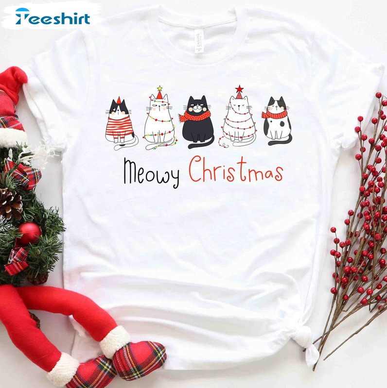 Meowy Christmas Shirt – Merry Christmas Cat Lover Unisex Hoodie Long Sleeve