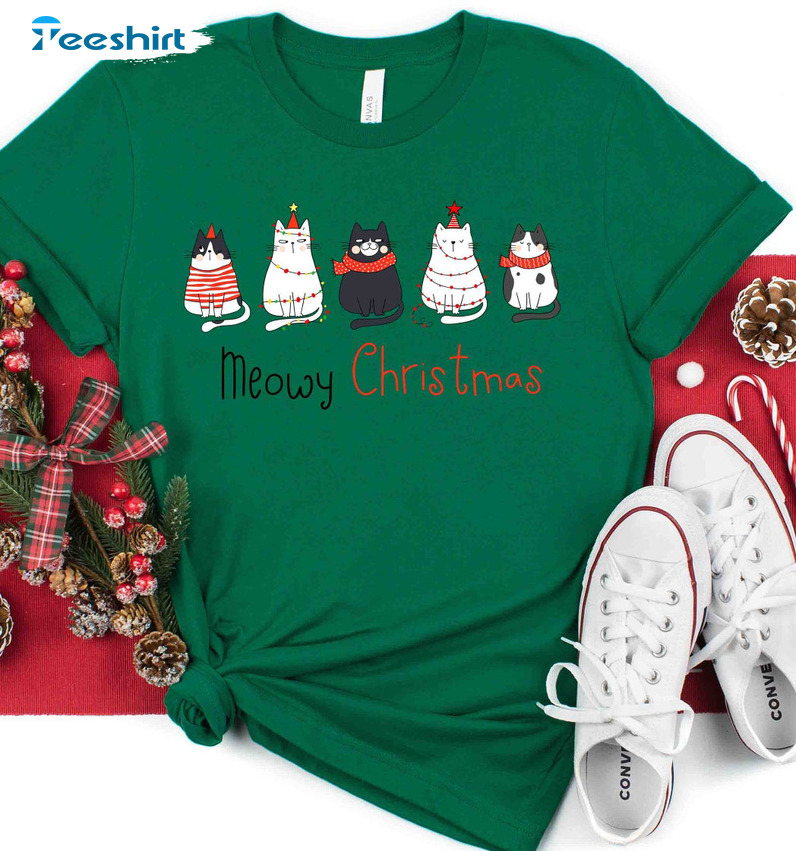 Meowy Christmas Shirt – Merry Christmas Cat Lover Unisex Hoodie Long Sleeve