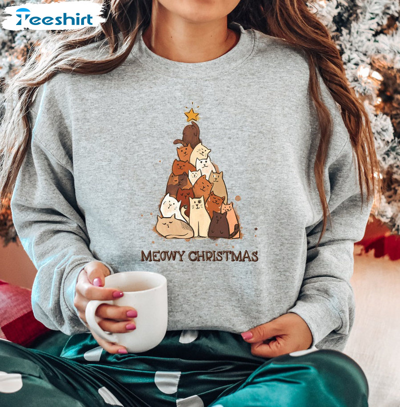 Meowy Christmas Sweatshirt – Christmas Tree Unisex Hoodie Short Sleeve