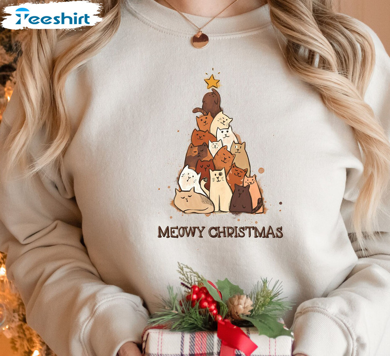 Meowy Christmas Sweatshirt – Christmas Tree Unisex Hoodie Short Sleeve