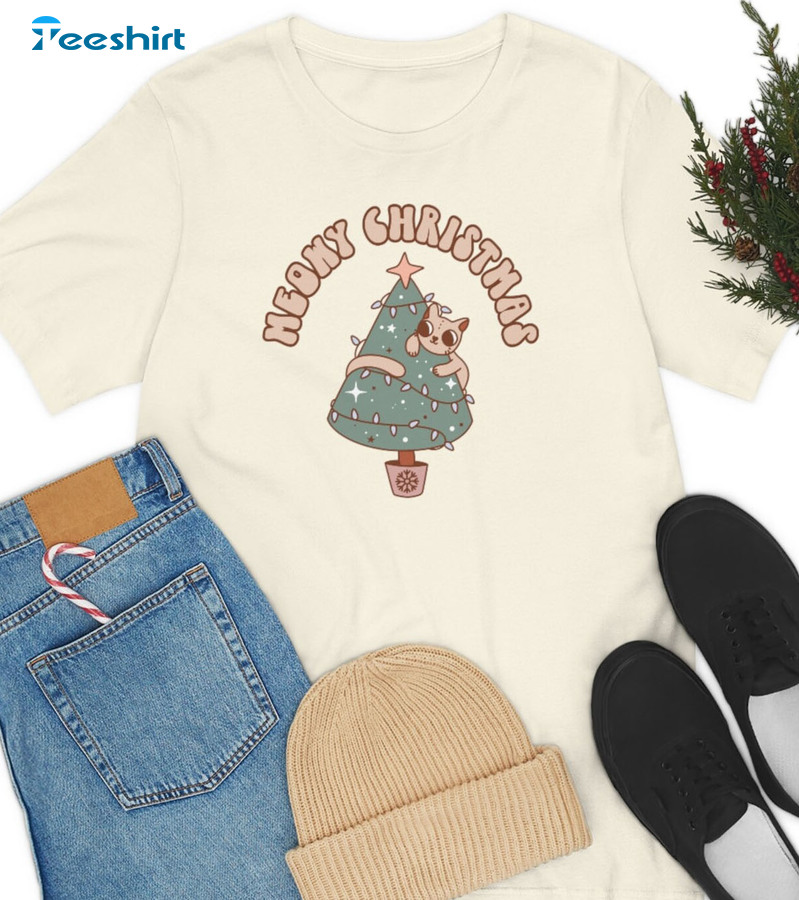 Meowy Christmas Sweatshirt – Cute Cat And Christmas Tree Unisex Hoodie Long Sleeve