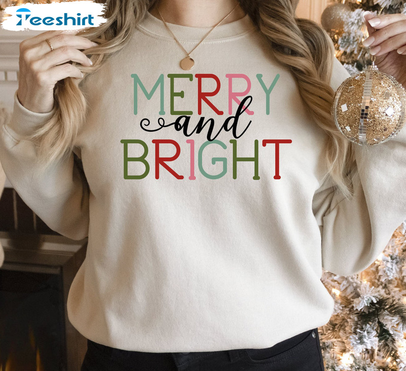 Merry And Bright Shirt, Christmas Family Sweater Long Sleeve