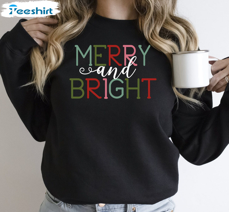 Merry And Bright Shirt, Christmas Family Sweater Long Sleeve