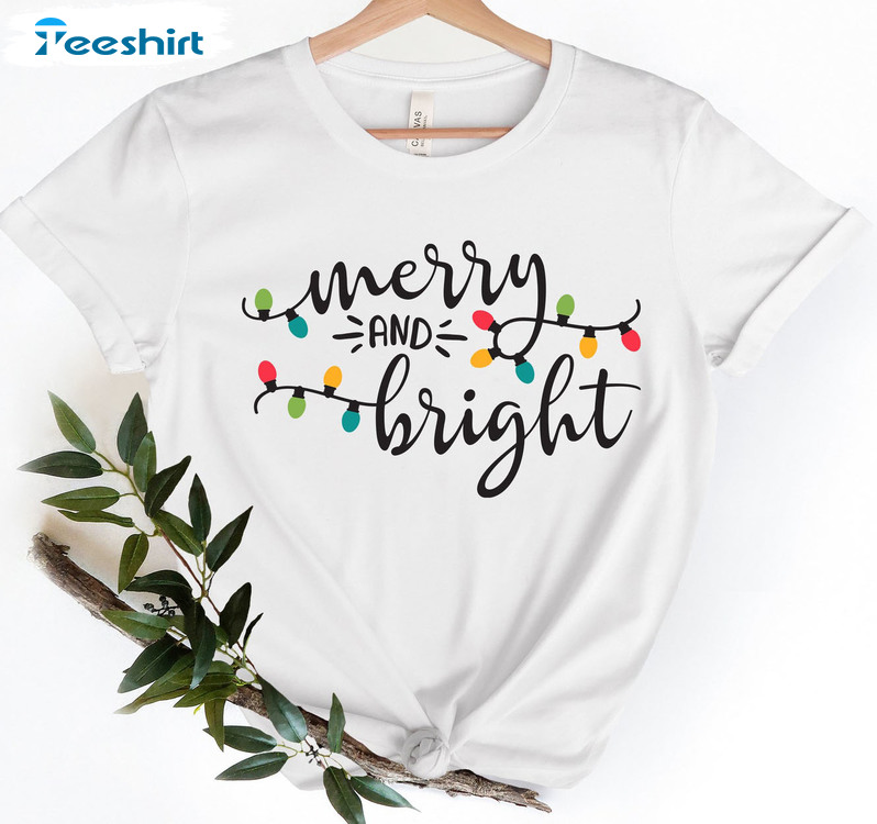 Merry And Bright Shirt, Christmas Lights Short Sleeve Tee Tops