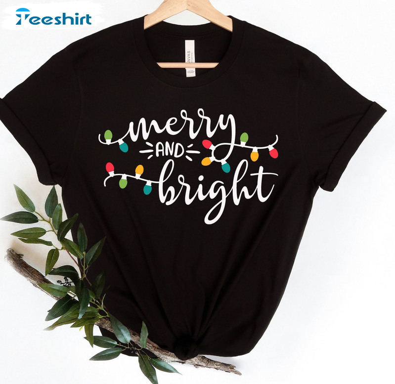 Merry And Bright Shirt, Christmas Lights Short Sleeve Tee Tops